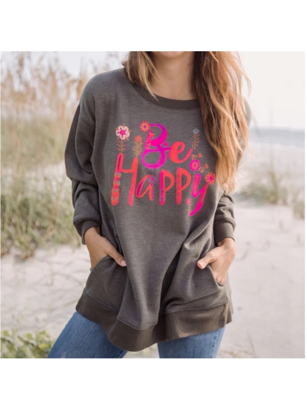 Natural Life Be Happy Comfy Pocket Sweatshirt Dark Green XXL